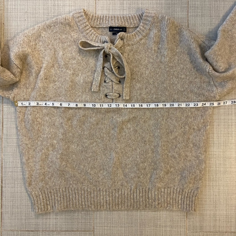 ZARA women’s Knit Wool/Acrylic Boxy Tie Front Pullover Sweater Size L Cream - Picture 4 of 5